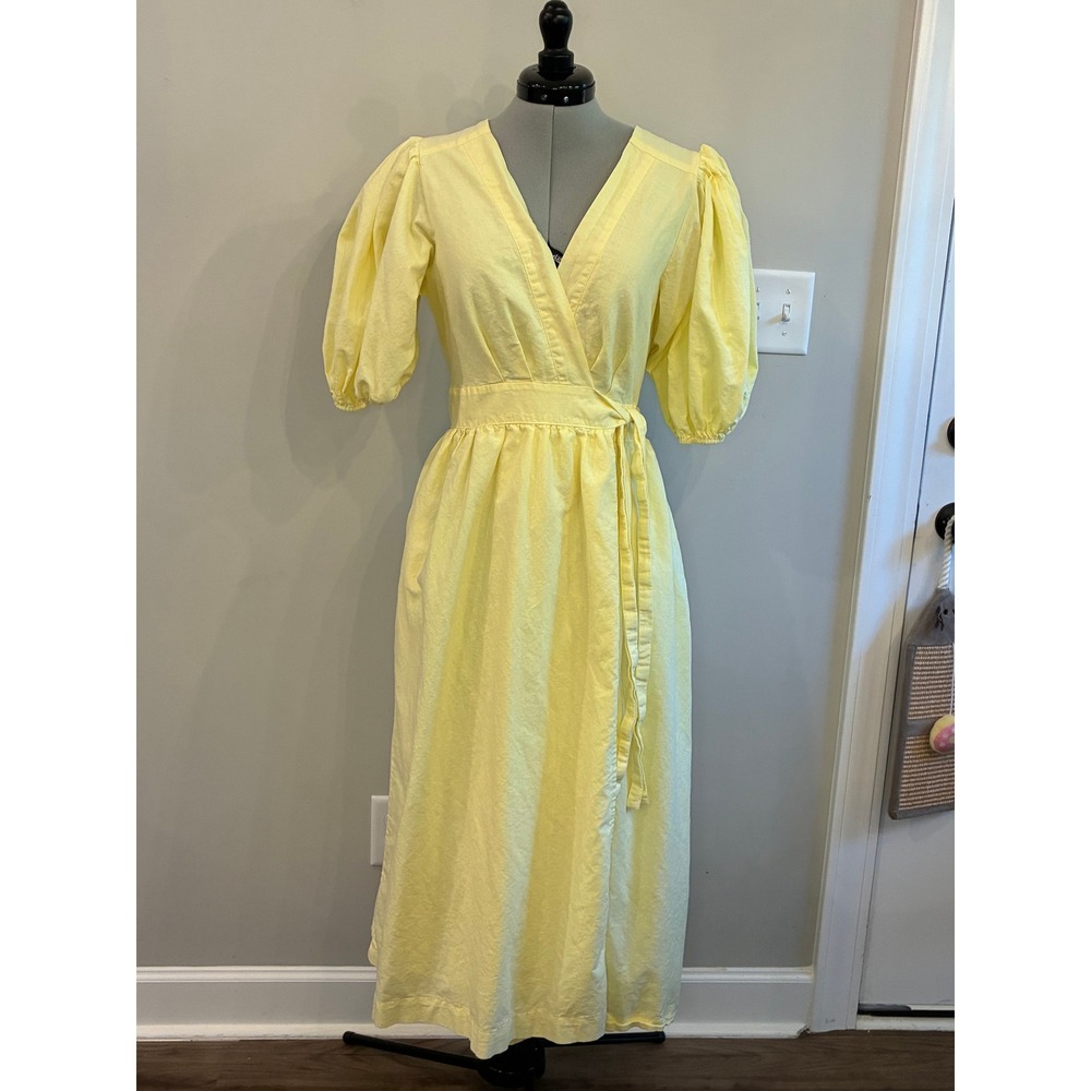 Amalie Yellow Linen Blend Puff Sleeve Wrap Midi Dress US 10